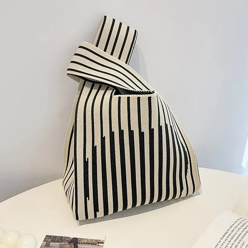 Handmade Knit Handbag Women Mini Knot Wrist-bag Female Casual Color Wide Stripe Plaid Tote Bag Student Reusable Shopping Bag
