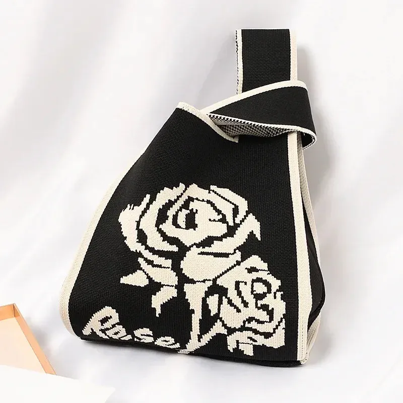 Handmade Knit Handbag Women Mini Knot Wrist-bag Female Casual Color Wide Stripe Plaid Tote Bag Student Reusable Shopping Bag