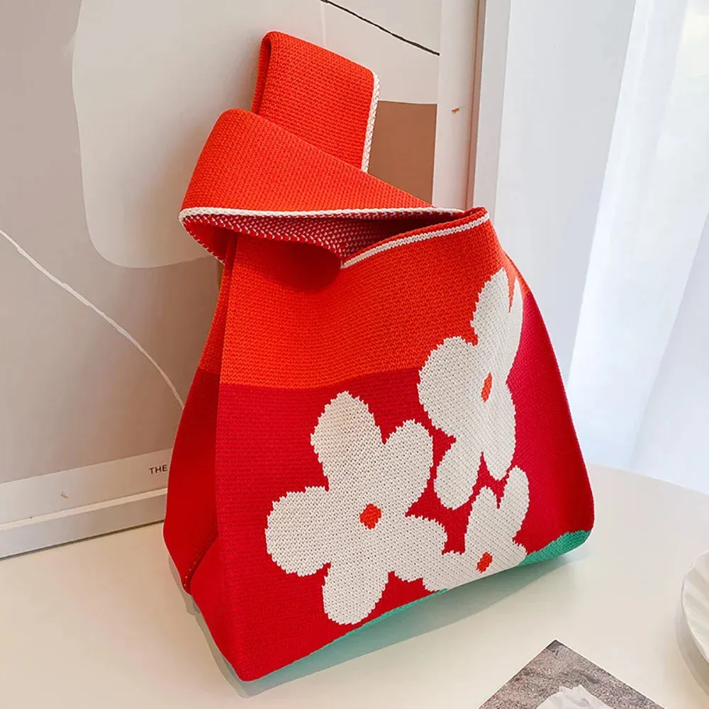 Handmade Knit Handbag Women Mini Knot Wrist-bag Female Casual Color Wide Stripe Plaid Tote Bag Student Reusable Shopping Bag