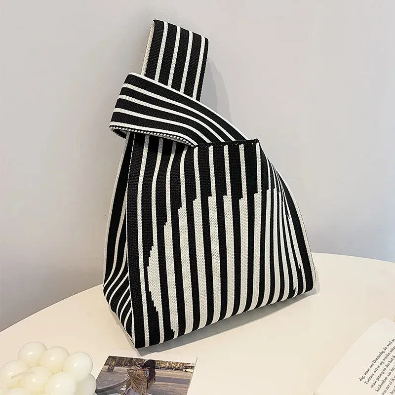 Handmade Knit Handbag Women Mini Knot Wrist-bag Female Casual Color Wide Stripe Plaid Tote Bag Student Reusable Shopping Bag