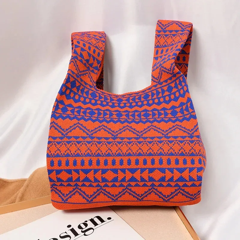Handmade Knit Handbag Women Mini Knot Wrist-bag Female Casual Color Wide Stripe Plaid Tote Bag Student Reusable Shopping Bag