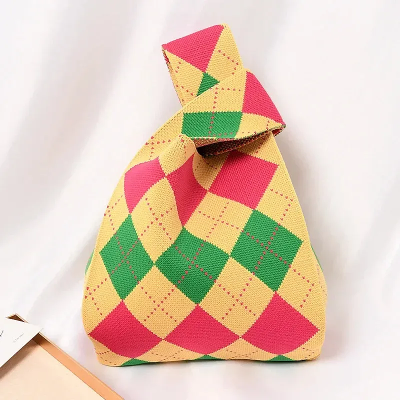 Handmade Knit Handbag Women Mini Knot Wrist-bag Female Casual Color Wide Stripe Plaid Tote Bag Student Reusable Shopping Bag