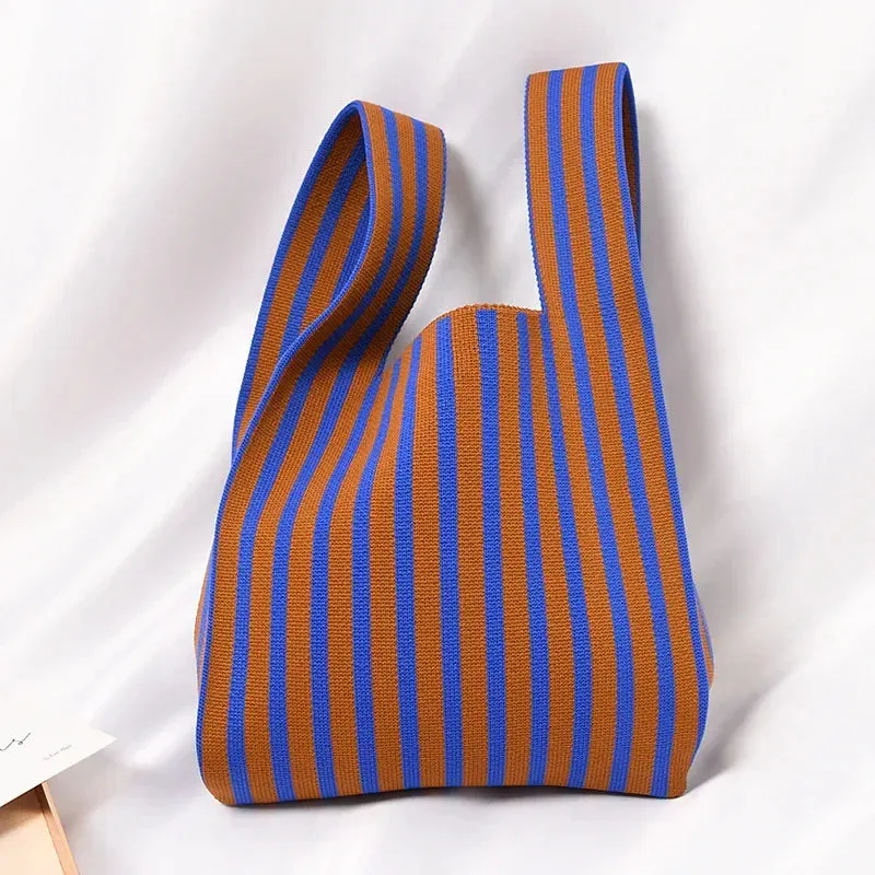 Handmade Knit Handbag Women Mini Knot Wrist-bag Female Casual Color Wide Stripe Plaid Tote Bag Student Reusable Shopping Bag