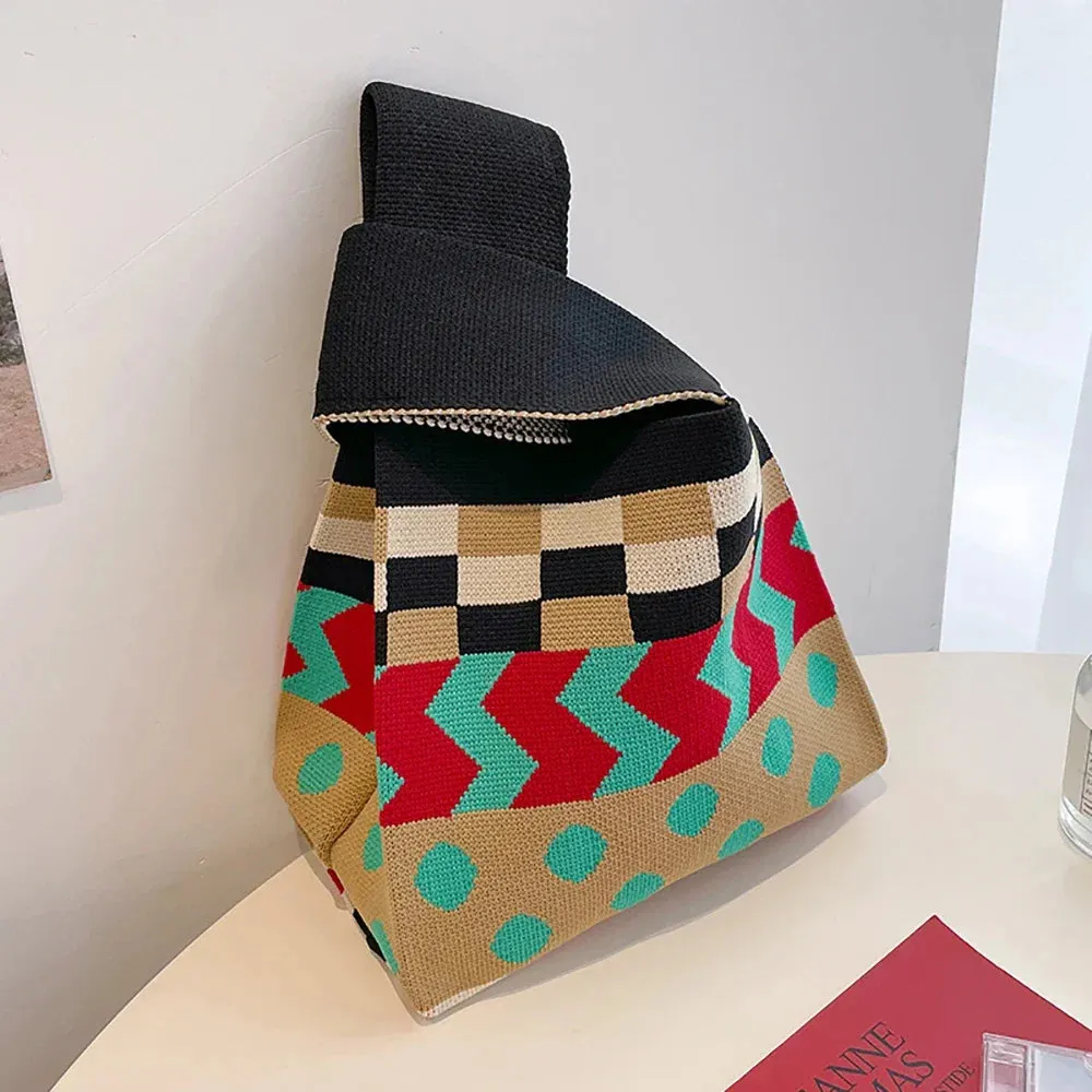 Handmade Knit Handbag Women Mini Knot Wrist-bag Female Casual Color Wide Stripe Plaid Tote Bag Student Reusable Shopping Bag