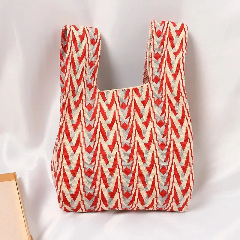 Handmade Knit Handbag Women Mini Knot Wrist-bag Female Casual Color Wide Stripe Plaid Tote Bag Student Reusable Shopping Bag