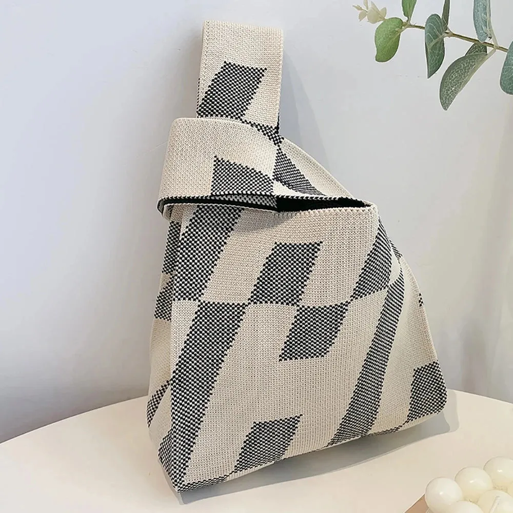 Handmade Knit Handbag Women Mini Knot Wrist-bag Female Casual Color Wide Stripe Plaid Tote Bag Student Reusable Shopping Bag