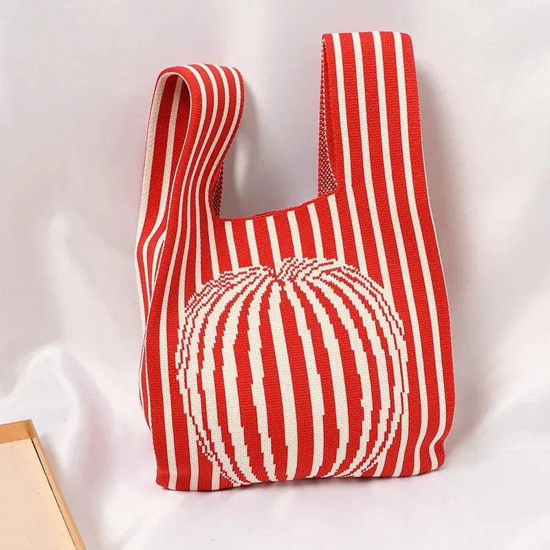 Handmade Knit Handbag Women Mini Knot Wrist-bag Female Casual Color Wide Stripe Plaid Tote Bag Student Reusable Shopping Bag