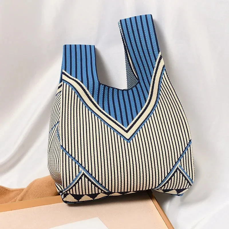 Handmade Knit Handbag Women Mini Knot Wrist-bag Female Casual Color Wide Stripe Plaid Tote Bag Student Reusable Shopping Bag