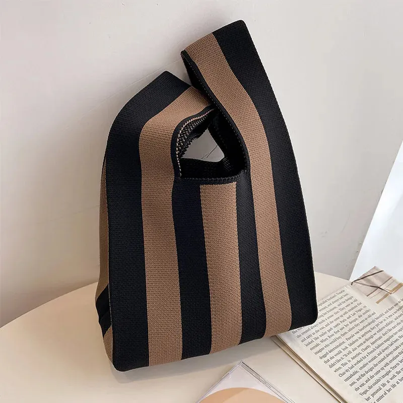 Handmade Knit Handbag Women Mini Knot Wrist-bag Female Casual Color Wide Stripe Plaid Tote Bag Student Reusable Shopping Bag