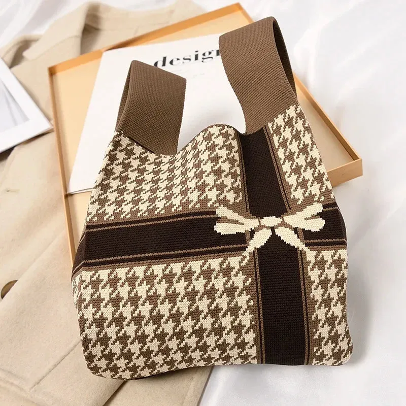 Handmade Knit Handbag Women Mini Knot Wrist-bag Female Casual Color Wide Stripe Plaid Tote Bag Student Reusable Shopping Bag