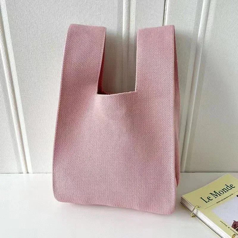 Handmade Knit Handbag Women Mini Knot Wrist-bag Female Casual Color Wide Stripe Plaid Tote Bag Student Reusable Shopping Bag