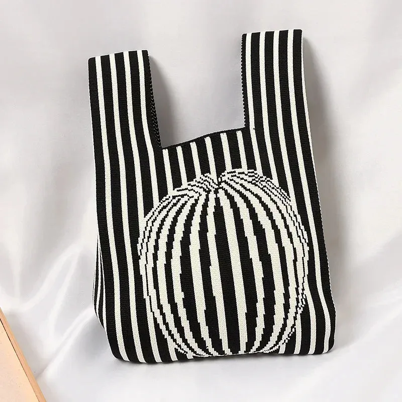 Handmade Knit Handbag Women Mini Knot Wrist-bag Female Casual Color Wide Stripe Plaid Tote Bag Student Reusable Shopping Bag