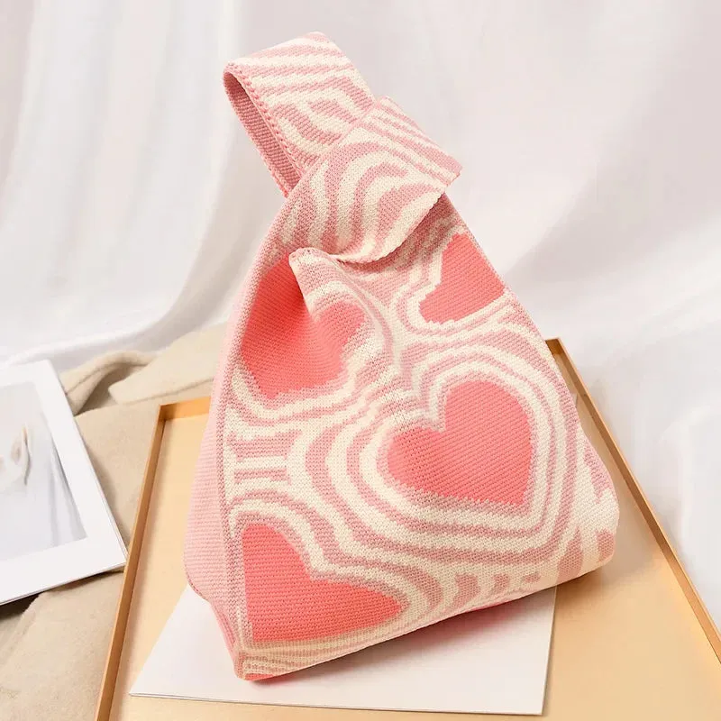 Handmade Knit Handbag Women Mini Knot Wrist-bag Female Casual Color Wide Stripe Plaid Tote Bag Student Reusable Shopping Bag