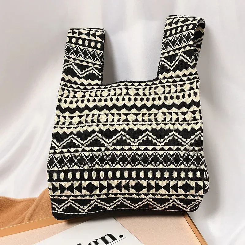 Handmade Knit Handbag Women Mini Knot Wrist-bag Female Casual Color Wide Stripe Plaid Tote Bag Student Reusable Shopping Bag