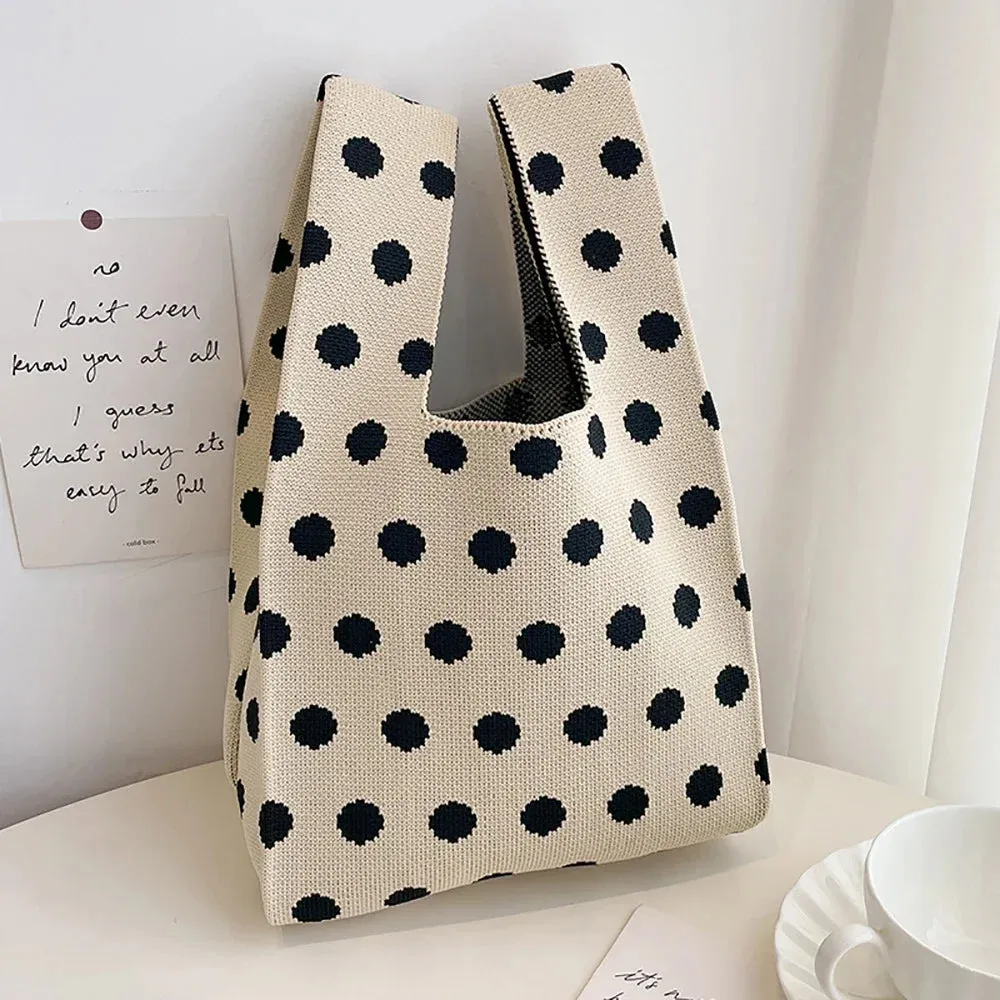 Handmade Knit Handbag Women Mini Knot Wrist-bag Female Casual Color Wide Stripe Plaid Tote Bag Student Reusable Shopping Bag