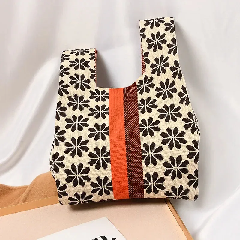 Handmade Knit Handbag Women Mini Knot Wrist-bag Female Casual Color Wide Stripe Plaid Tote Bag Student Reusable Shopping Bag