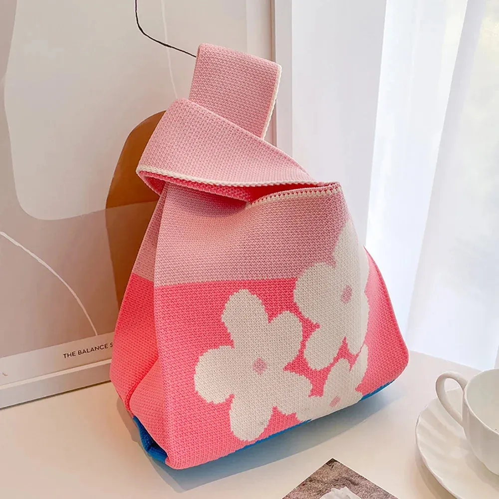 Handmade Knit Handbag Women Mini Knot Wrist-bag Female Casual Color Wide Stripe Plaid Tote Bag Student Reusable Shopping Bag