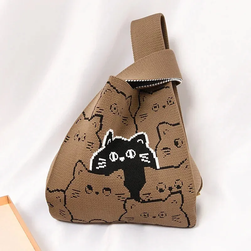 Handmade Knit Handbag Women Mini Knot Wrist-bag Female Casual Color Wide Stripe Plaid Tote Bag Student Reusable Shopping Bag