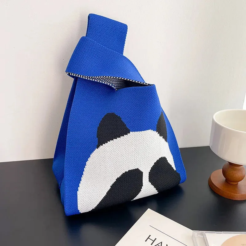 Handmade Knit Handbag Women Mini Knot Wrist-bag Female Casual Color Wide Stripe Plaid Tote Bag Student Reusable Shopping Bag