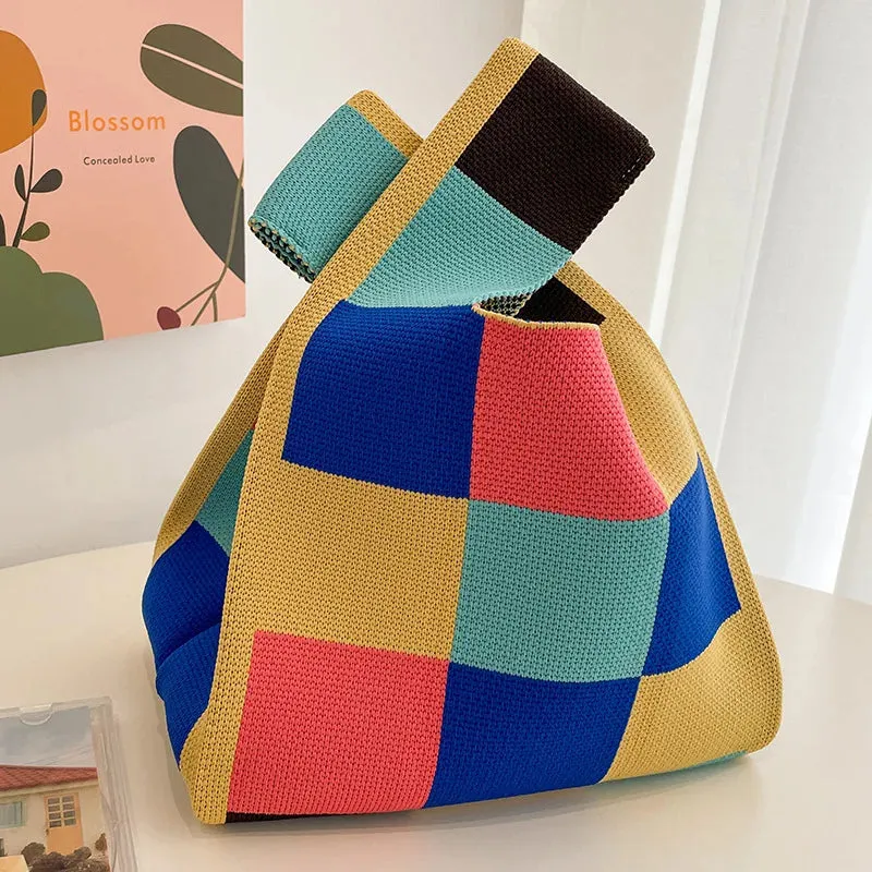 Handmade Knit Handbag Women Mini Knot Wrist-bag Female Casual Color Wide Stripe Plaid Tote Bag Student Reusable Shopping Bag