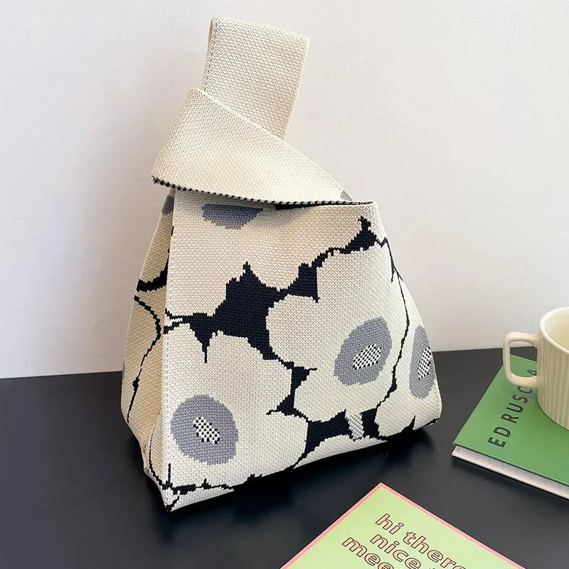 Handmade Knit Handbag Women Mini Knot Wrist-bag Female Casual Color Wide Stripe Plaid Tote Bag Student Reusable Shopping Bag