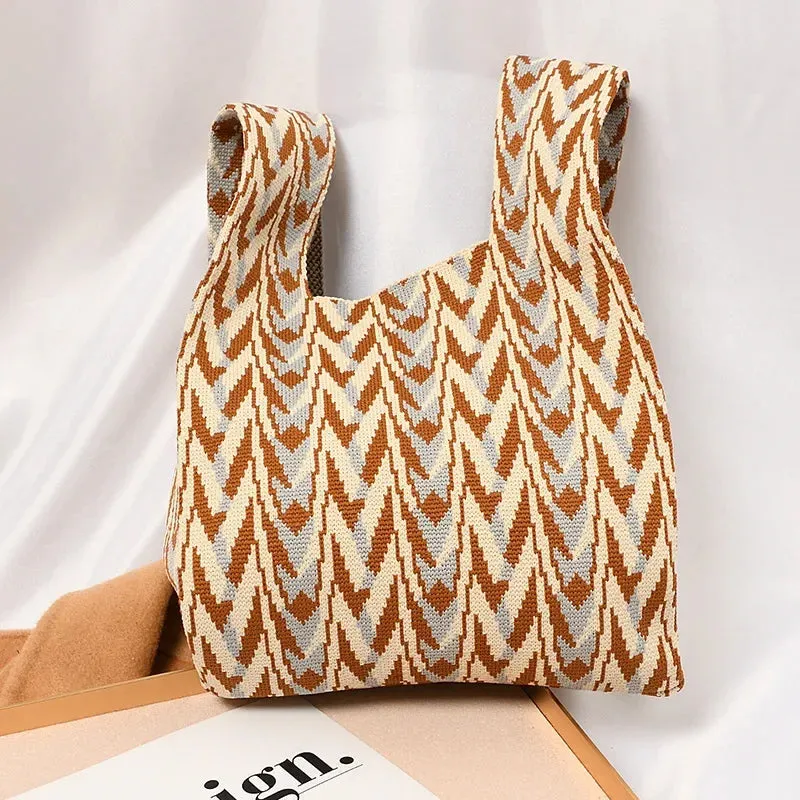 Handmade Knit Handbag Women Mini Knot Wrist-bag Female Casual Color Wide Stripe Plaid Tote Bag Student Reusable Shopping Bag