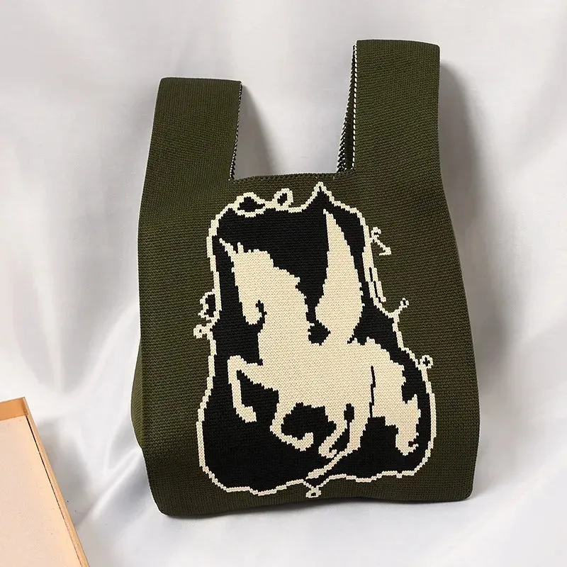 Handmade Knit Handbag Women Mini Knot Wrist-bag Female Casual Color Wide Stripe Plaid Tote Bag Student Reusable Shopping Bag