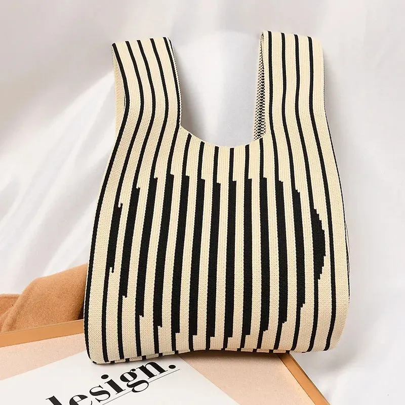 Handmade Knit Handbag Women Mini Knot Wrist-bag Female Casual Color Wide Stripe Plaid Tote Bag Student Reusable Shopping Bag