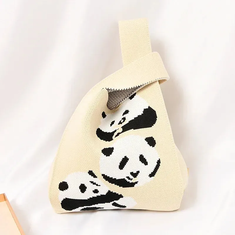 Handmade Knit Handbag Women Mini Knot Wrist-bag Female Casual Color Wide Stripe Plaid Tote Bag Student Reusable Shopping Bag