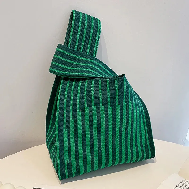 Handmade Knit Handbag Women Mini Knot Wrist-bag Female Casual Color Wide Stripe Plaid Tote Bag Student Reusable Shopping Bag