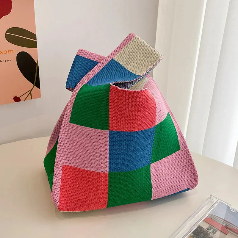 Handmade Knit Handbag Women Mini Knot Wrist-bag Female Casual Color Wide Stripe Plaid Tote Bag Student Reusable Shopping Bag