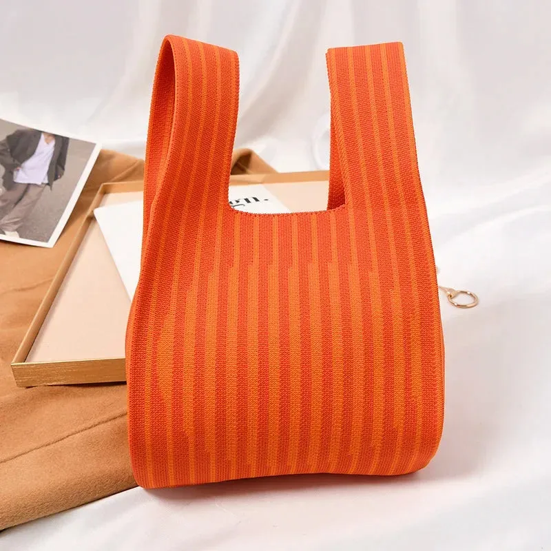 Handmade Knit Handbag Women Mini Knot Wrist-bag Female Casual Color Wide Stripe Plaid Tote Bag Student Reusable Shopping Bag
