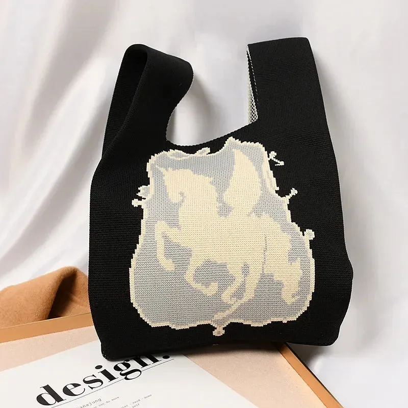 Handmade Knit Handbag Women Mini Knot Wrist-bag Female Casual Color Wide Stripe Plaid Tote Bag Student Reusable Shopping Bag