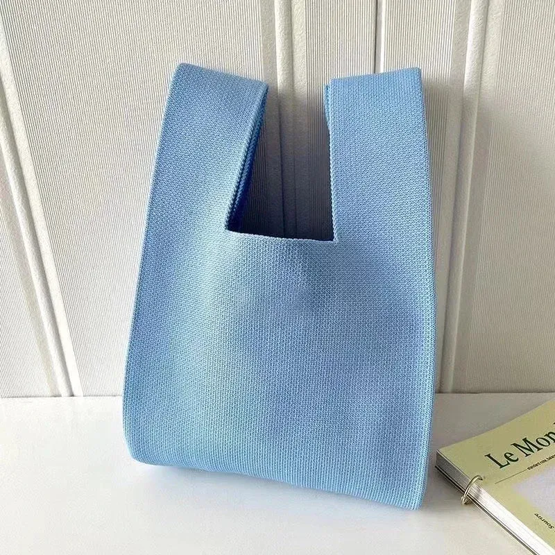 Handmade Knit Handbag Women Mini Knot Wrist-bag Female Casual Color Wide Stripe Plaid Tote Bag Student Reusable Shopping Bag