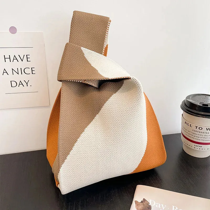 Handmade Knit Handbag Women Mini Knot Wrist-bag Female Casual Color Wide Stripe Plaid Tote Bag Student Reusable Shopping Bag