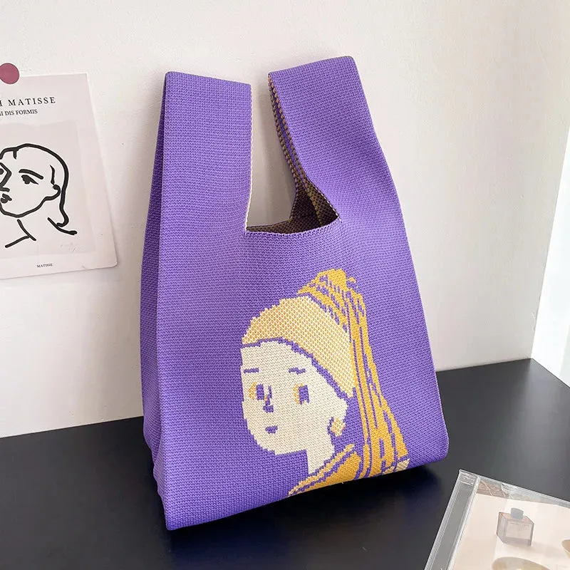 Handmade Knit Handbag Women Mini Knot Wrist-bag Female Casual Color Wide Stripe Plaid Tote Bag Student Reusable Shopping Bag