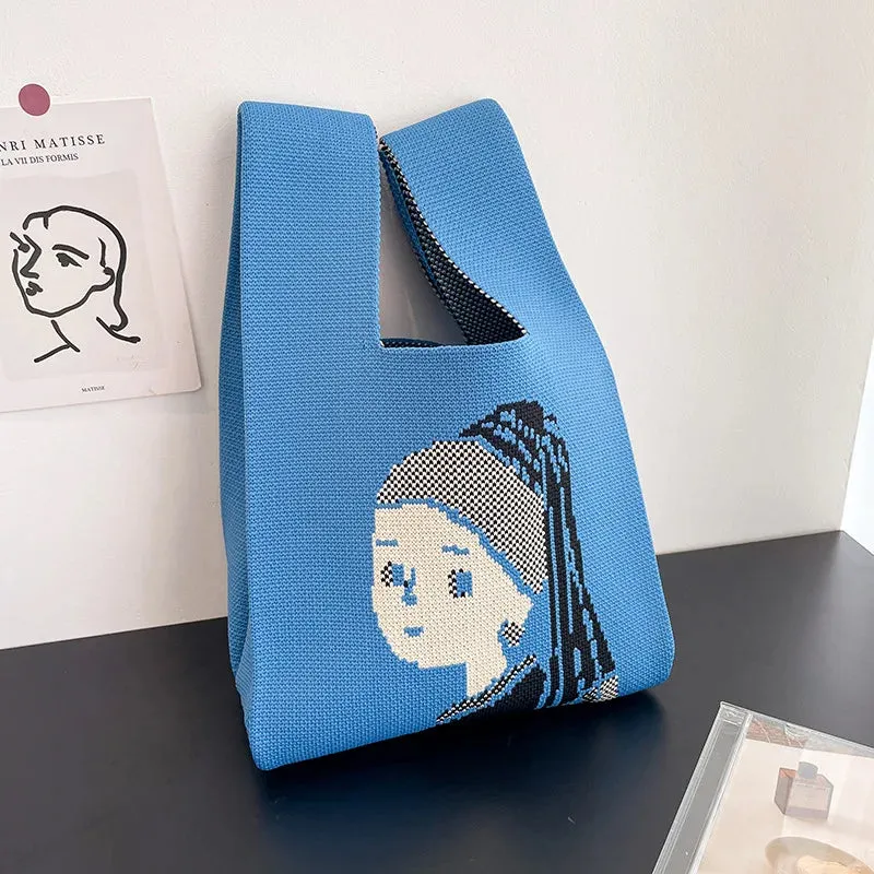 Handmade Knit Handbag Women Mini Knot Wrist-bag Female Casual Color Wide Stripe Plaid Tote Bag Student Reusable Shopping Bag