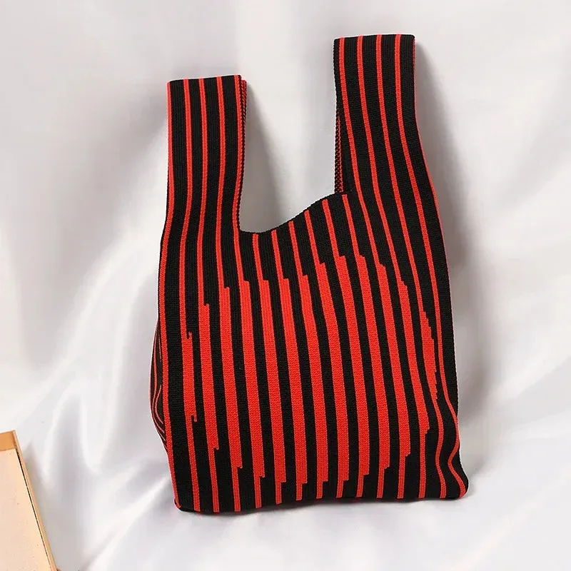 Handmade Knit Handbag Women Mini Knot Wrist-bag Female Casual Color Wide Stripe Plaid Tote Bag Student Reusable Shopping Bag