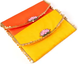 Handmade Purse WalletHand Stitched Traditional Ethnic Golden Work Special Occasion and Gifting (Yellow - 7.5"x5")