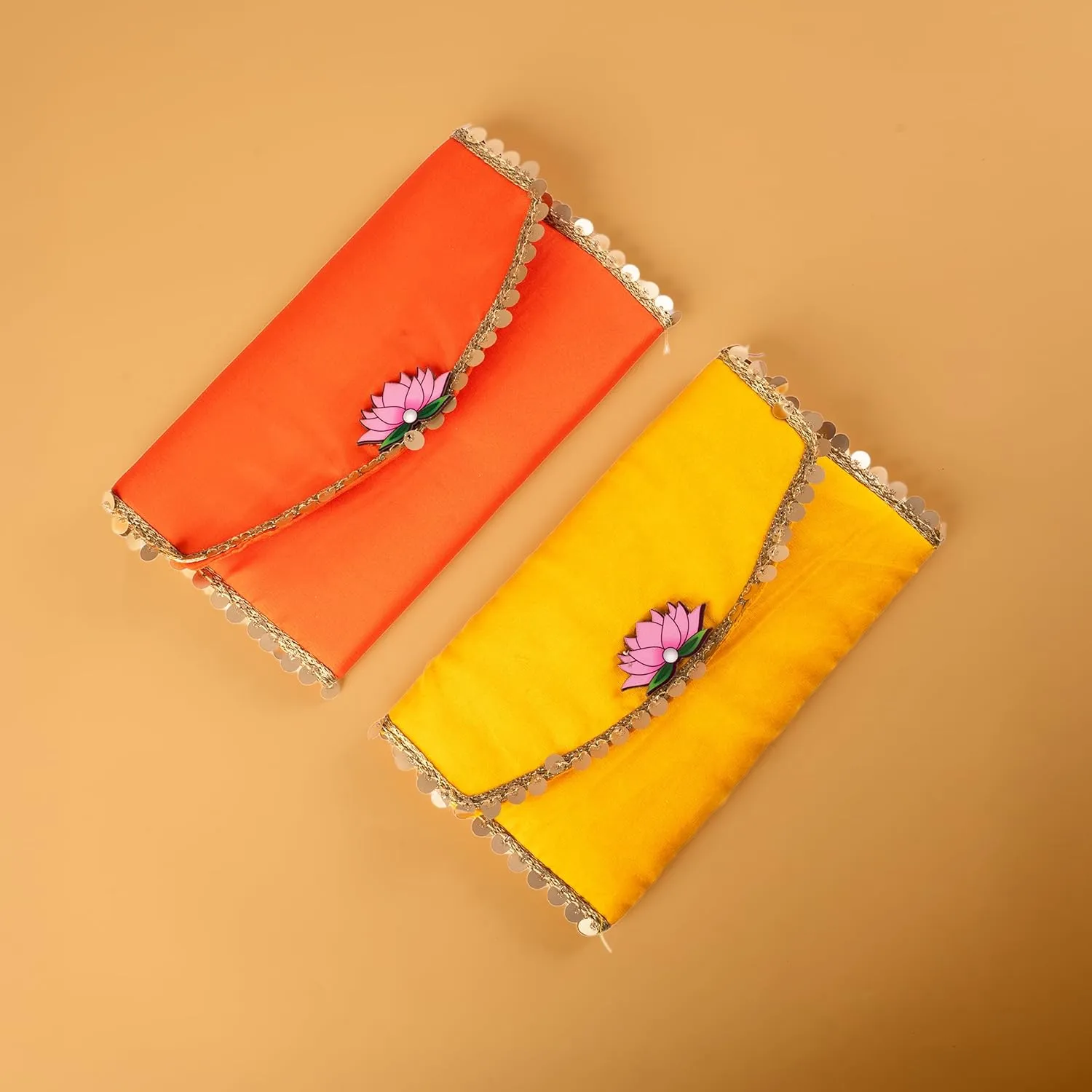 Handmade Purse WalletHand Stitched Traditional Ethnic Golden Work Special Occasion and Gifting (Yellow - 7.5"x5")