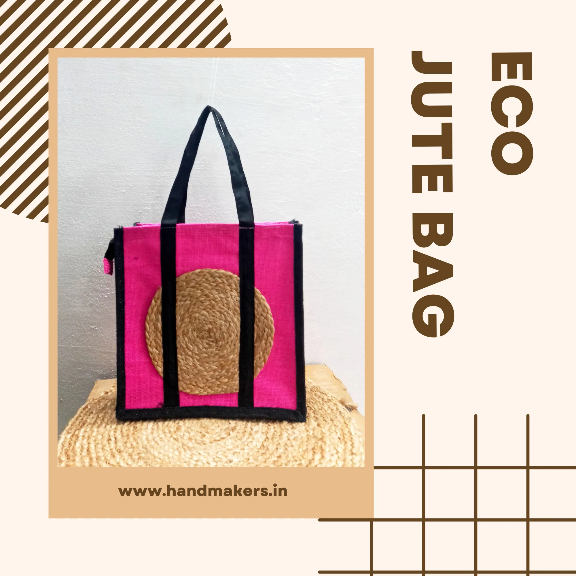 Handmakers Black & Pink Natural Jute Bags for Shopping Bags, Travel Bags, Office Bags,Gift Bags