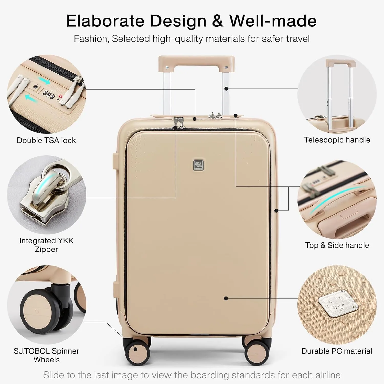 Hanke Grace Carry On Luggage with Wheels Airline Approved Hard Shell Suitcases with Front Pocket，Top Opening Luggage with TSA Lock for Short Business Travel， Cuban Sand.