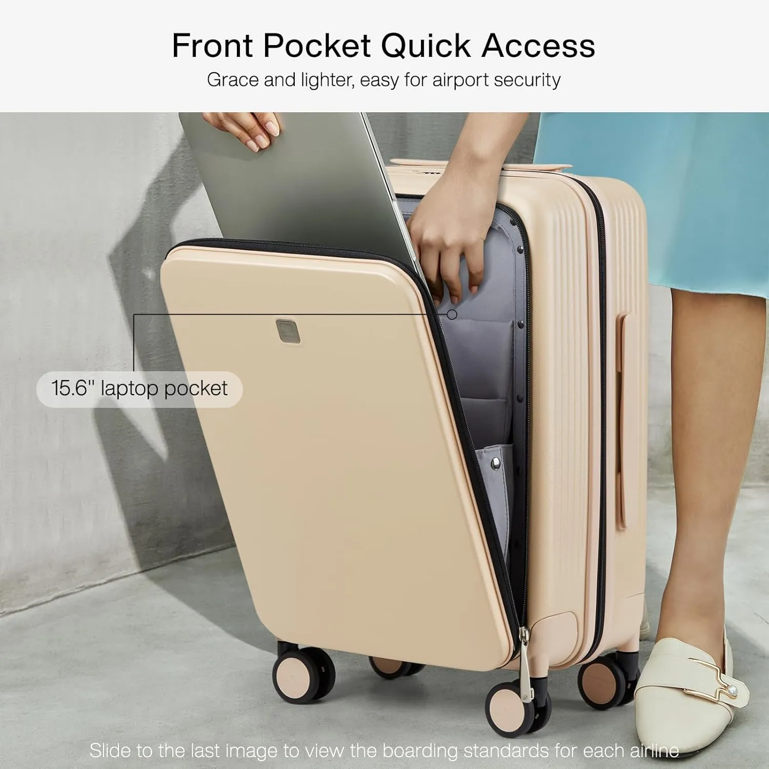 Hanke Grace Carry On Luggage with Wheels Airline Approved Hard Shell Suitcases with Front Pocket，Top Opening Luggage with TSA Lock for Short Business Travel， Cuban Sand.