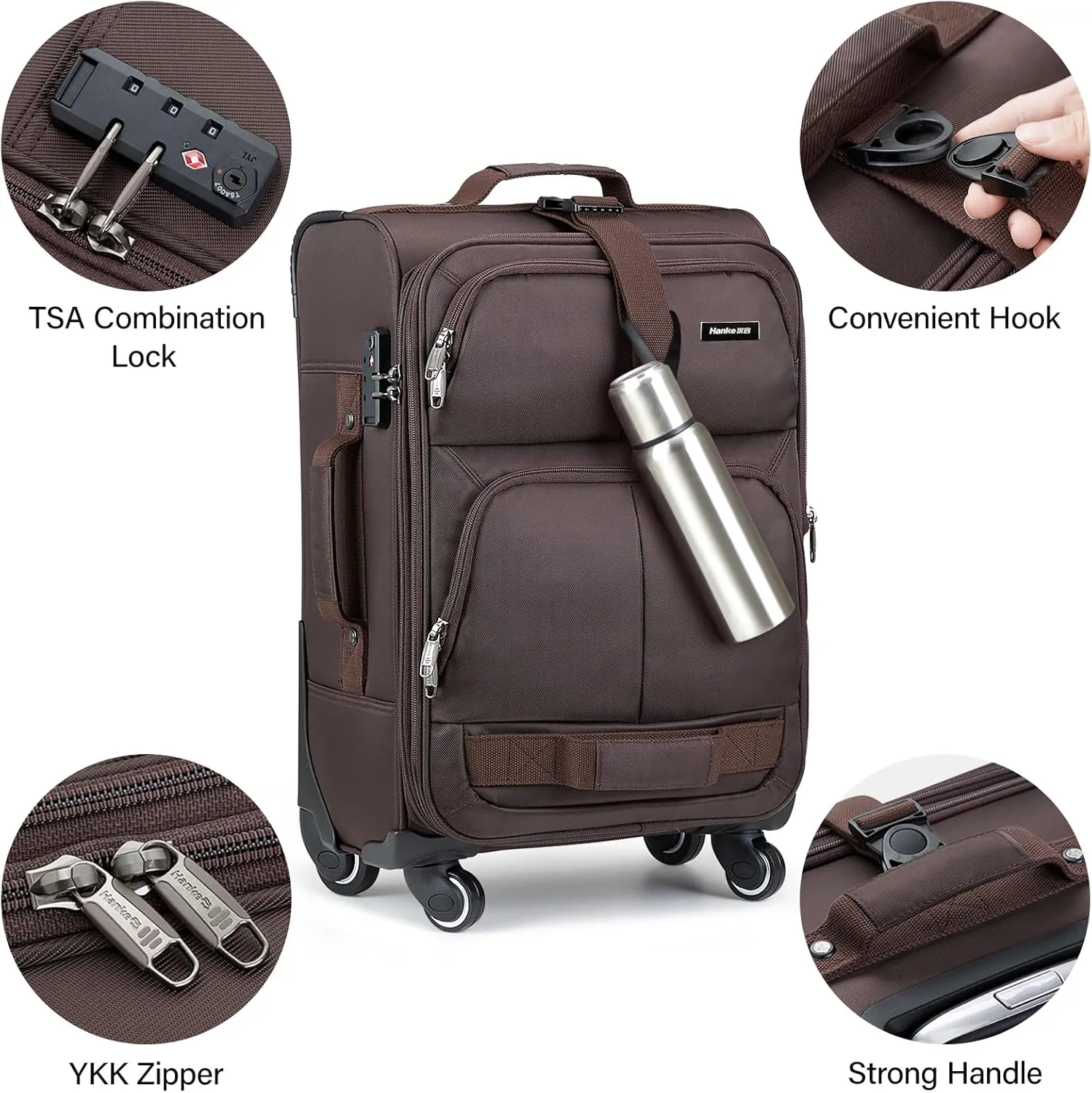 Hanke Softside Expandable Carry On Luggage with spinner wheels, Multi-function Tsa Approved Luggage,Coffee,Carry-On 20-Inch