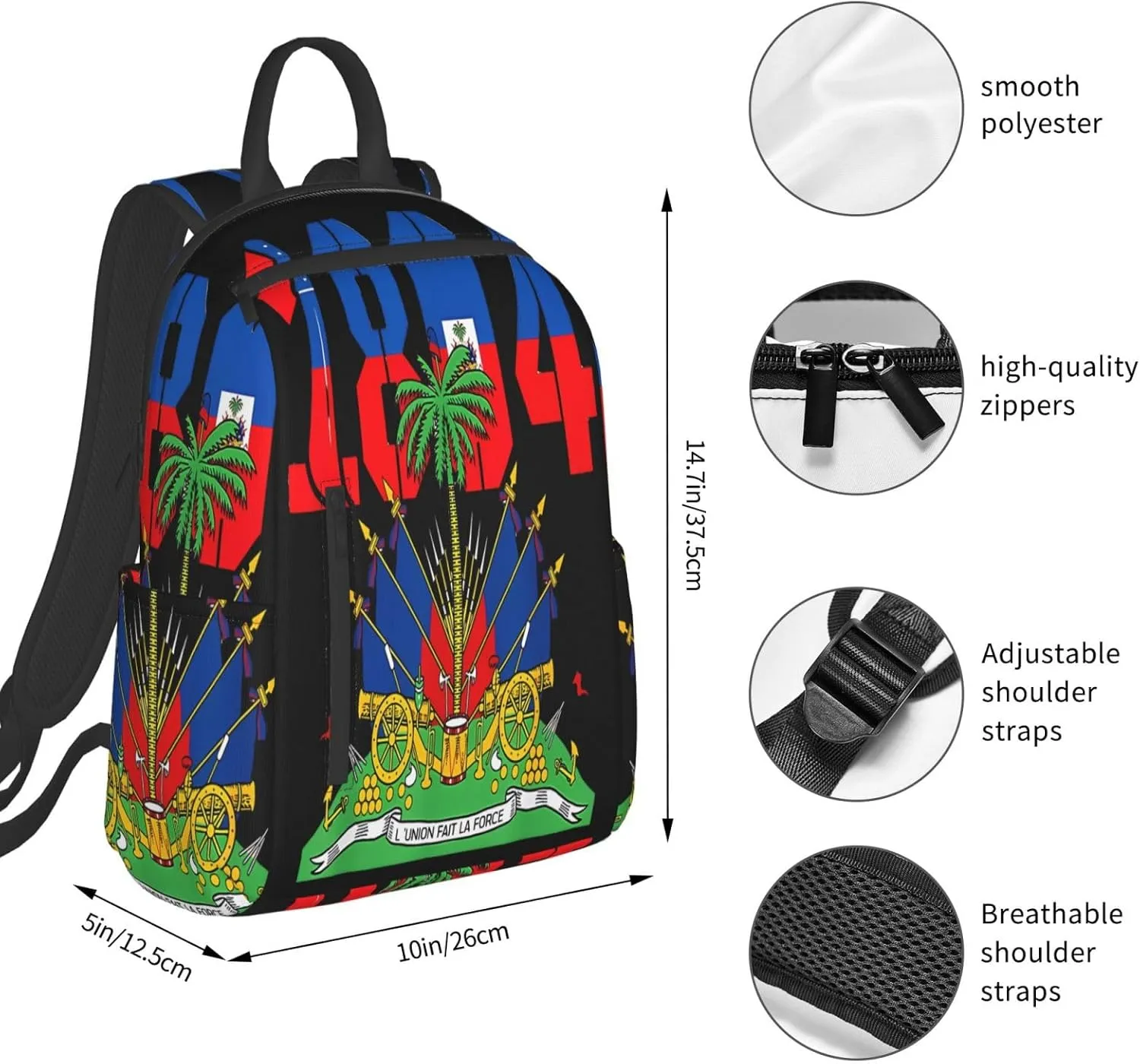 Happy Haitian Flag Day 1804 Casual Backpacks Large Capacity Laptop Backpack Sports Fitness Rucksack Travel Carry-On Daypack Work Bag for Outdoor Camping