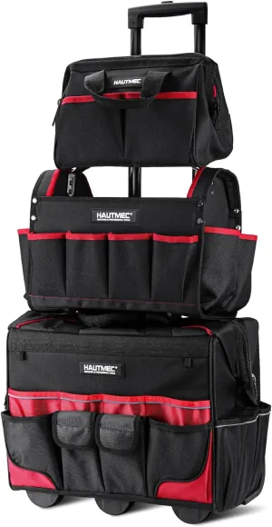 HAUTMEC 3-Piece Rolling Tool Bag Set – 18” Wheeled Tool Bag, 15” Electrician Tool Tote & 12” Wide Mouth Bag, 1680D Water-Resistant Heavy-Duty Portable Tool Storage – HT0287