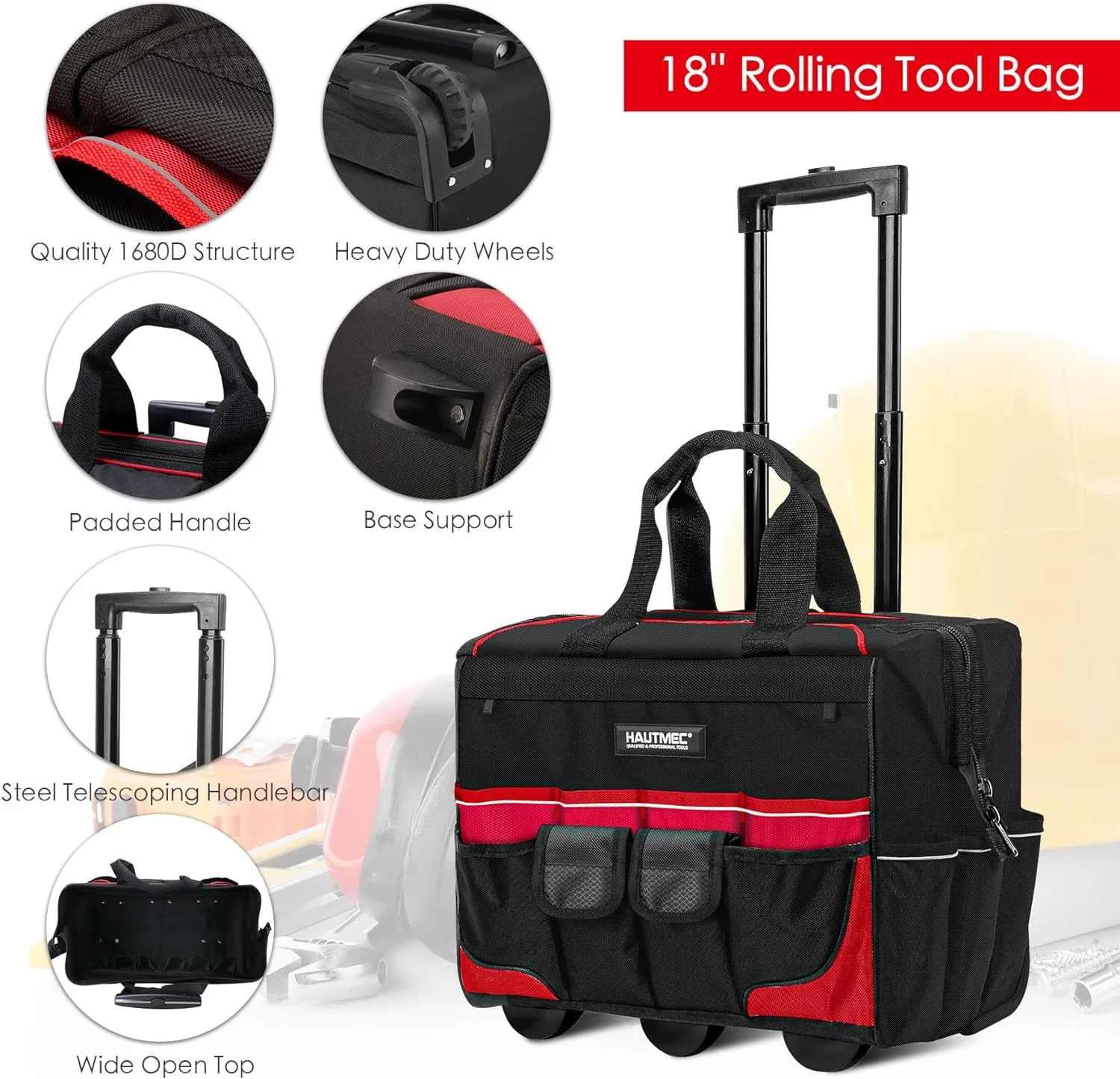 HAUTMEC 3-Piece Rolling Tool Bag Set – 18” Wheeled Tool Bag, 15” Electrician Tool Tote & 12” Wide Mouth Bag, 1680D Water-Resistant Heavy-Duty Portable Tool Storage – HT0287