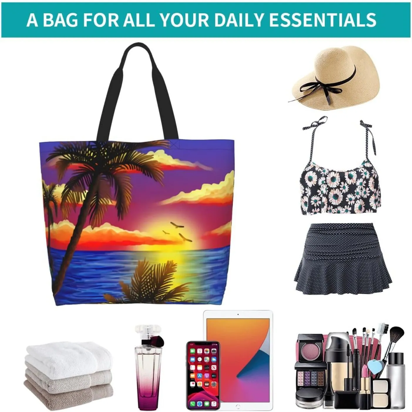Hawaiian Tropical Pattern Tote Bag Large Women Palm Tree Casual Shoulder Bag Handbag Reusable Shopping Grocery Bag
