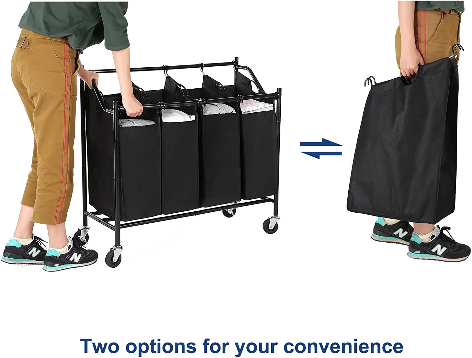 Heavy-Duty 4 Bag Laundry Rolling Sorter Hamper Basket Black