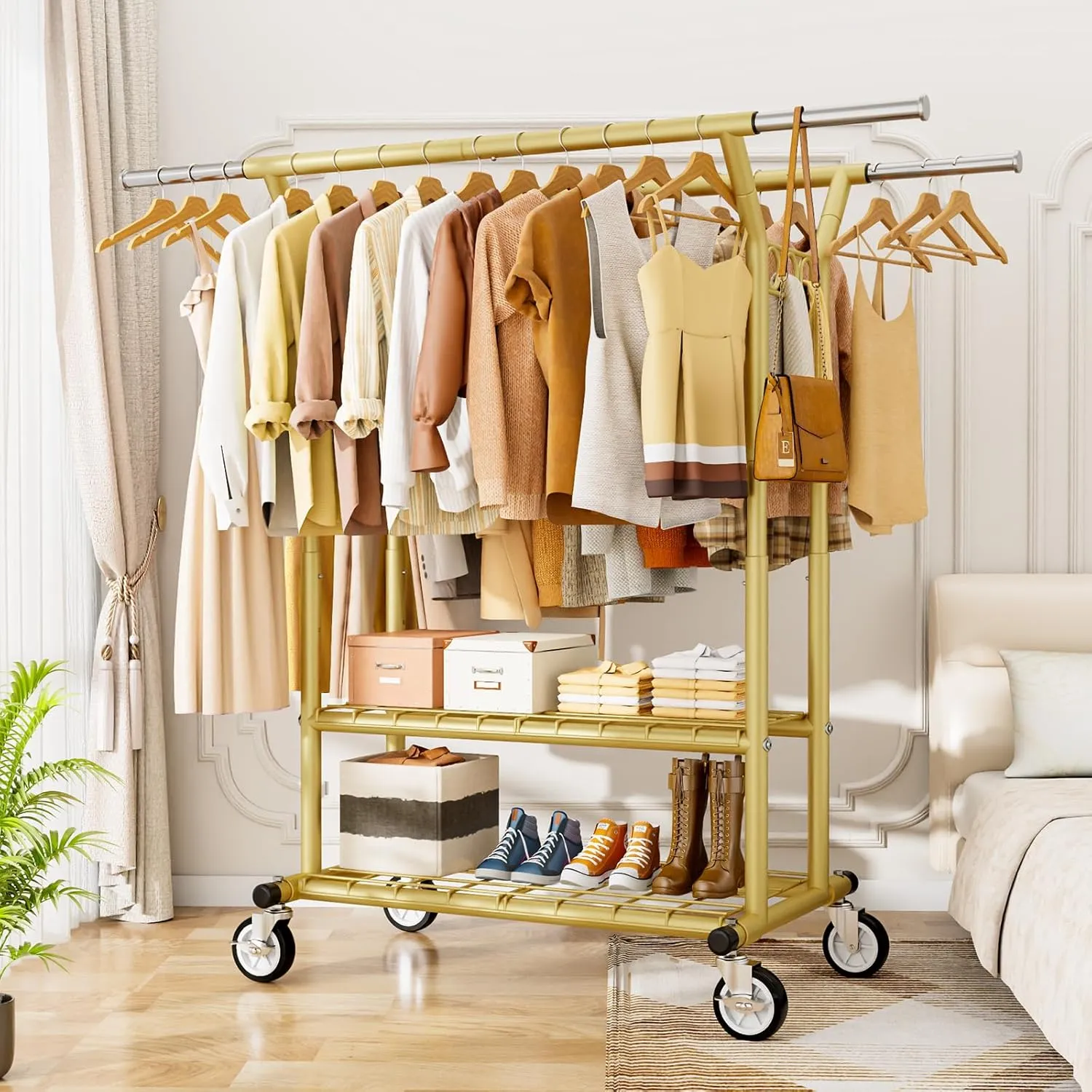 Heavy Duty Clothes Rack, Rolling Clothing Racks With Shelves Load 620 LBS, Double Rod Clothing Racks for Hanging Clothes, Portable& Adjustable Clothes Rack with Wheels Garment Rack,Gold